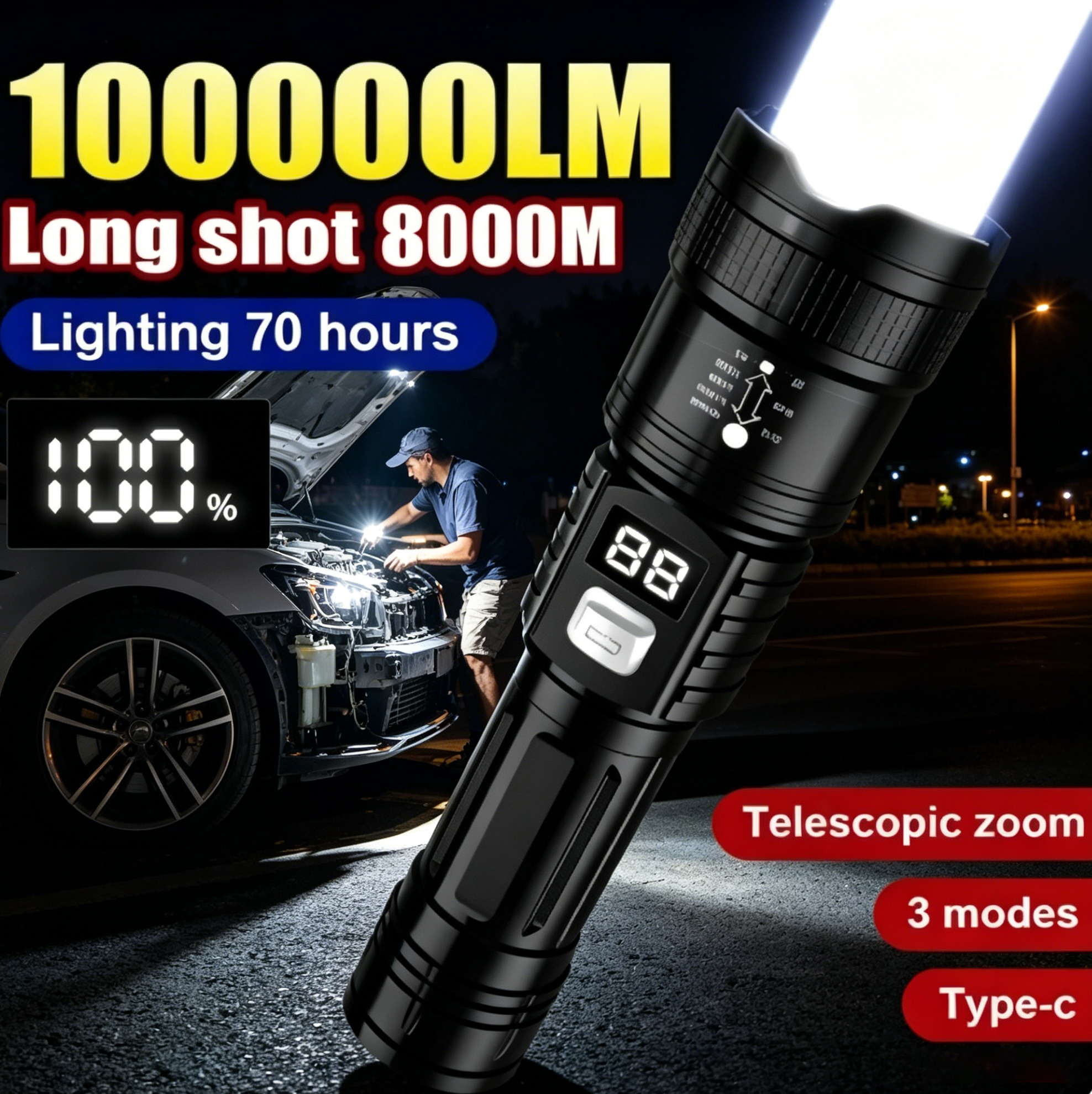 Outdoor Adventure Trips - Rechargeable LED Flashlight 100000LM Super Bright