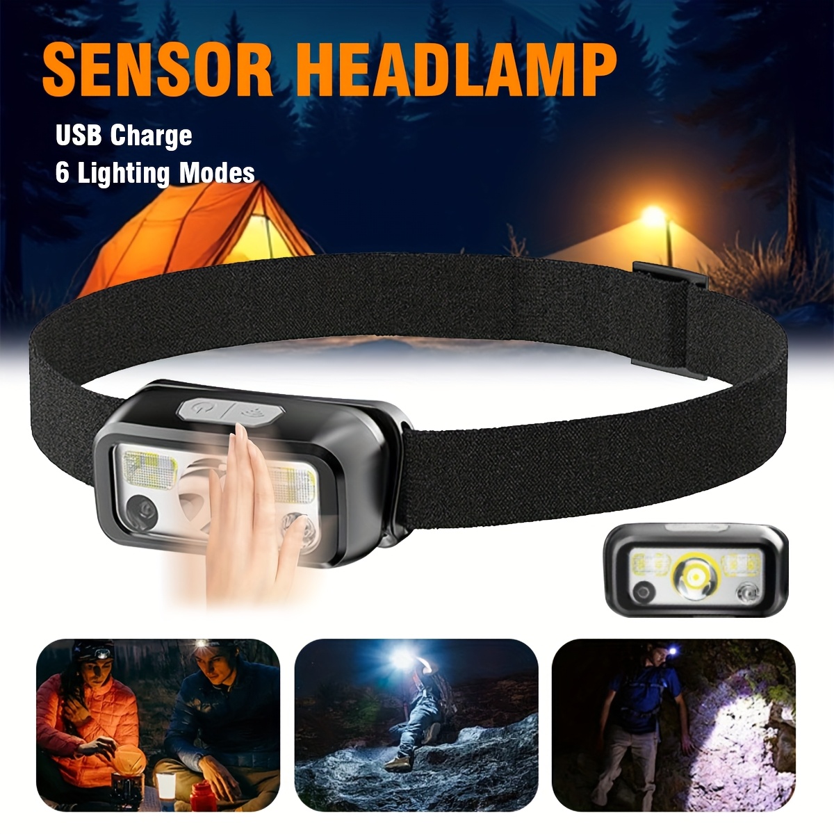 Headlamp Waterproof Rechargeable - Powerful COB LED Sensor Headlamp USB