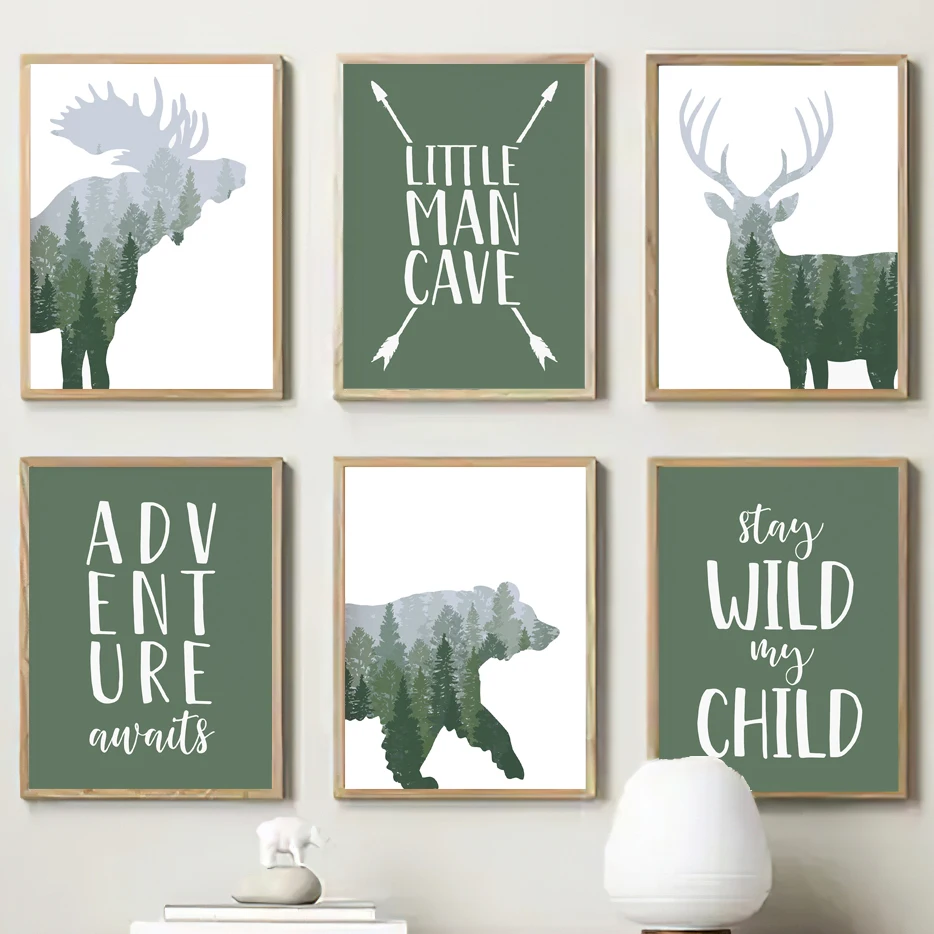 Outdoor Adventure For Kids - Green Woodland Deer Bear Moose Quote