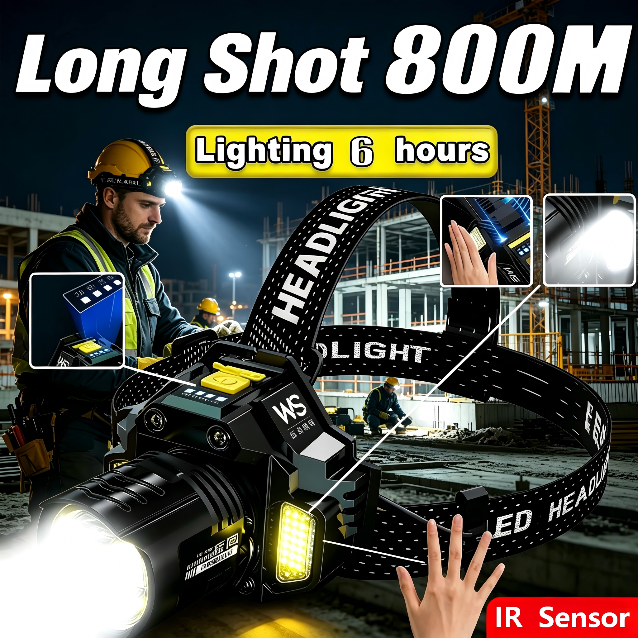 Headlamp Waterproof Rechargeable - Industrial Work Headlamp, Telescopic Zoom Rechargeable