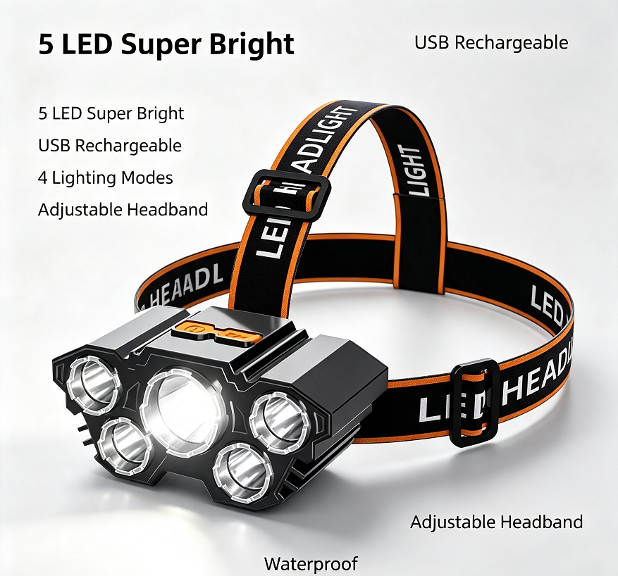 HTMCK LED Five-Headed Fishing  - Headlamp Waterproof Rechargeable 评论和价格